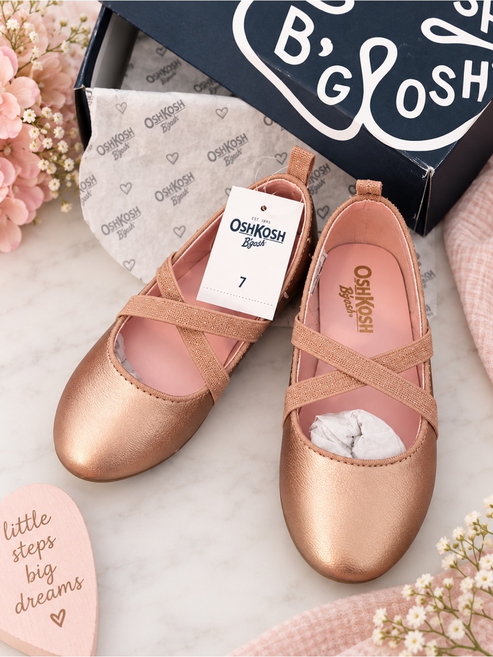 OshKosh B’gosh Girls Metallic Rose Gold Ballet Flats Size 7 NWT